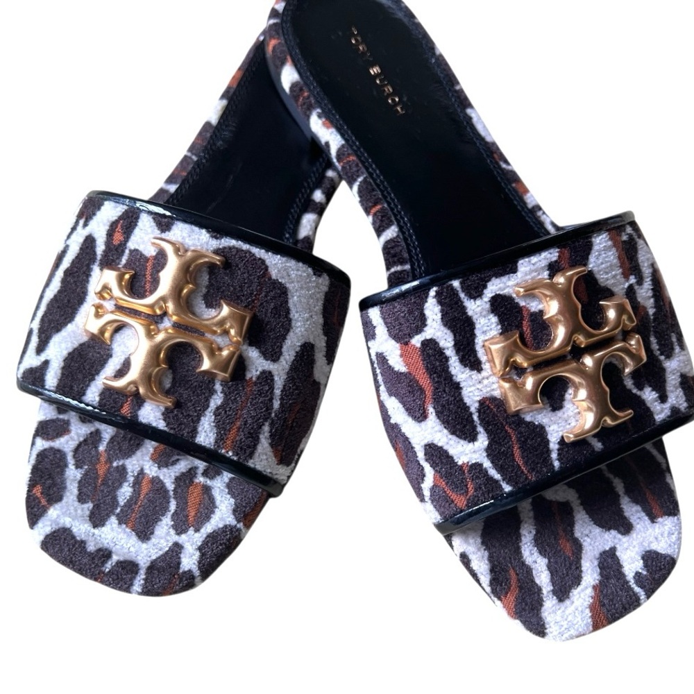 TORY BURCH ELEANOR Leather Leopard Print Gold Medallion Slide Sandals Size 8 - Picture 16 of 16